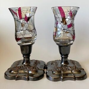 Pair of Ornamental Candleholders w/PartyLite Calypso Mosaic Glass Peglites Vtg
